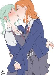  2girls aqua_hair blue_jacket blush braid collared_shirt commentary dress eye_contact grey_dress highres jacket kiss looking_at_another love_live! love_live!_superstar!! medium_hair multiple_girls neck_ribbon onitsuka_tomari orange_hair parted_lips pinafore_dress pink_eyes red_ribbon ribbon school_uniform shibuya_kanon shirt signature simple_background sleeveless sleeveless_dress surfacedxxc twin_braids upper_body violet_eyes white_background white_shirt yuigaoka_school_uniform yuri 