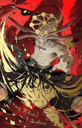  1boy 1other arm_blade black_eyes black_hair cityscape clenched_teeth commentary commentary_request eight-handed_wheel english_commentary english_text fighting_stance fushiguro_megumi gold_blood head_tail highres jujutsu_kaisen mahoraga_(jujutsu_kaisen) nikusenpai red_background scene_reference slashing sword_of_extermination teeth weapon wheel_of_dharma wings wings_as_eyes 
