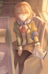  1girl ascot black_pantyhose bob_cut book brooch brown_hair brown_skirt chair closed_mouth desk double-parted_bangs eiyuu_densetsu english_commentary feet_out_of_frame green_eyes green_jacket hair_between_eyes highres holding holding_paper indoors jacket jewelry long_sleeves looking_at_viewer medium_hair open_book pantyhose paper partially_shaded_face petite plaid_clothes plaid_skirt puffy_long_sleeves puffy_sleeves red_ascot school_uniform sen_no_kiseki_(series) sen_no_kiseki_i sitting skirt smile solo thors_military_academy_school_uniform towa_herschel upper_body vordvord window 
