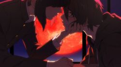  1boy 1girl backlighting black_hair black_hoodie black_jacket blush closed_mouth commentary degrees_of_lewdity english_commentary from_side frown gakuran green_eyes hair_between_eyes hair_over_eyes hetero highres hood hood_down hoodie indoors jacket kylar_(degrees_of_lewdity) kylar_(male)_(degrees_of_lewdity) long_sleeves looking_at_another moon night player_character_(degrees_of_lewdity) player_character_(female)_(degrees_of_lewdity) red_moon reverse_trap ru2786764357 school_uniform short_hair table window 