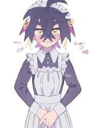  1boy alternate_costume apron black_dress black_hair blush closed_mouth collared_dress commentary_request crossdressing crossdressing_(mtf) crossed_bangs dress enmaided frilled_apron frills hair_between_eyes kieran_(pokemon) long_sleeves looking_at_viewer maid male_focus mole mole_on_neck own_hands_together pokemon pokemon_scarlet_and_violet purple_hair simple_background solo squiggle taya_tarou tears wavy_mouth white_apron white_background yellow_eyes 