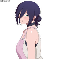  1girl absurdres apron black_choker breasts chainsaw_man choker closed_mouth commentary english_commentary green_eyes grey_tank_top hair_between_eyes hair_bun highres large_breasts looking_at_viewer pink_apron pout purple_hair reze_(chainsaw_man) rezelover25 simple_background solo tank_top white_background 