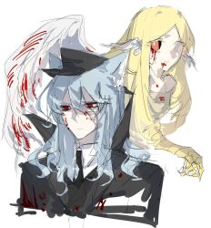  1boy 1girl animal_ears bird bird_girl black_jacket black_souls black_souls_2 blonde_hair blood blood_on_face blood_on_hands blue_hair commentary_request edith_(black_souls) edith_liddell_(black_souls) feathered_wings feathers hat head_wings highres jack_(black_souls) jacket long_hair monster_girl mu_blood red_eyes white_feathers wings wolf_ears 