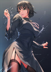  bob_cut breasts dress fubuki_(one-punch_man) garter_straps green_eyes green_hair highres jewelry large_breasts looking_at_viewer looking_down necklace one-punch_man pearl_necklace royal_s short_hair taut_clothes taut_dress telekinesis thigh-highs thighs under_boob wind 