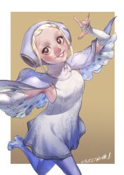  1girl \m/ armpits blonde_hair blue_pantyhose border braid breasts capelet dress elbow_gloves fingerless_gloves gloves high_heels hood ingrid_(capcom) looking_at_viewer mana30row pantyhose red_eyes short_dress short_hair simple_background smile solo street_fighter street_fighter_6 white_border white_dress white_gloves 