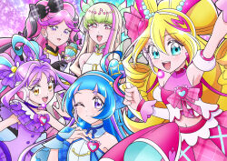  5girls ahoge aokaze_nana armpits bare_shoulders blonde_hair blue_bow blue_dress blue_eyes blue_hair blush bow bracelet braid breasts bridal_gauntlets choker closed_mouth commentary_request cure_idol cure_kiss cure_kyunkyun cure_wink cure_zukyuun detached_sleeves double-parted_bangs dress earrings elbow_gloves eyelashes frilled_dress frilled_sleeves frills gloves gradient_hair hair_between_eyes hair_bow hair_ornament hair_ribbon hairband headset heart heart-shaped_lock heart_hair_ornament highres jewelry kimi_to_idol_precure long_hair looking_at_viewer magical_girl medium_breasts meroron_(precure) midriff multicolored_hair multiple_earrings multiple_girls multiple_hair_bows musical_note musical_note_hair_ornament navel one_eye_closed one_side_up open_mouth overskirt parted_bangs pearl_earrings pink_dress pink_hair pink_streaks plaid_bow plaid_clothes plaid_skirt ponytail precure purirun_(precure) purple_bridal_gauntlets purple_choker purple_hair purple_overskirt purple_skirt purple_streaks ribbon sakura_uta_(precure) shigure_kokoro short_sleeves sidelocks single_bare_shoulder skirt skirt_bow sleeveless sleeveless_dress smile strapless strapless_dress streaked_hair symbol-shaped_pupils tanaka_meron tanaka_purin twin_braids twintails two-tone_hair v very_long_hair violet_eyes watasi wavy_hair white_dress white_hairband white_sleeves yellow_eyes 