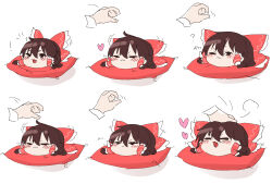  ! 1girl 1other :3 ? absurdres blush bow brown_eyes brown_hair closed_eyes closed_mouth commentary_request cushion disembodied_hand expressive_clothes frilled_bow frilled_hair_tubes frills hair_bow hair_tubes hakurei_reimu headpat heart highres long_hair one_eye_closed open_mouth pout psuke red_bow smile touhou translation_request yukkuri_shiteitte_ne zabuton 