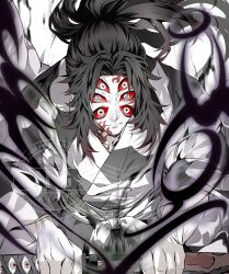 1boy closed_mouth colored_sclera commentary_request demon_boy extra_eyes facial_mark greyscale highres holding holding_sheath holding_sword holding_weapon japanese_clothes katana kimetsu_no_yaiba kimono kokushibou long_hair looking_at_viewer male_focus monochrome parted_bangs ponytail red_sclera sheath sidelocks simple_background solo spot_color sword tagimane01 text_in_eyes unsheathing upper_body watermark weapon white_background wind 