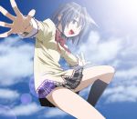  bad_id blue_eyes blue_hair cloud clouds jumping kneehighs lens_flare mahou_shoujo_madoka_magica miki_sayaka open_mouth outstretched_arms outstretched_hand plaid plaid_skirt school_uniform short_hair skirt sky smile spread_arms sun tartan trill_(triludan) 