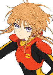  1980s_(style) 1girl blue_eyes commentary faux_retro_artstyle gundam gundam_zz highres light_frown looking_at_viewer mecha_pilot_suit military_rank_insignia neo_zeon orange_hair puru_two reki_(reki13c) retro_artstyle science_fiction snowflakes upper_body white_background 
