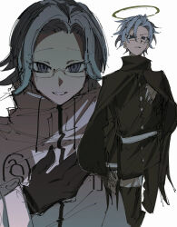  1boy aotsuki_eito armband black_cloak black_jacket black_pants cloak commentary_request gakuran glasses gloves grey_hair halo hand_on_own_chest highres jacket last_defense_academy_school_uniform looking_at_viewer male_focus multiple_views ngkttwmrvvg official_alternate_hairstyle pants school_uniform short_hair sketch smile spoilers the_hundred_line_-last_defense_academy- white_background white_jacket 