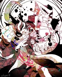  2boys animal bandaged_hand bandages chain cham-p clenched_hand commentary danganronpa_(series) danganronpa_2:_goodbye_despair hamster heterochromia holding holding_animal humanoid_robot jacket jum-p maga-g male_focus mitsumame0810 monochrome multicolored_hair multiple_boys nidai_nekomaru open_clothes open_jacket partially_shaded_face robot scarf spoilers sun-d tanaka_gundham teeth third-party_source two-tone_hair v-shaped_eyebrows 