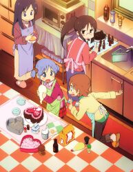  4girls absurdres aioi_yuuko alternate_hairstyle anime_coloring apron aqua_apron artist_request baking black_hair black_pants blue_apron blue_eyes blue_hair blue_skirt bowl brown_hair cake cake_pan checkered_tablecloth chocolate_cake chocolate_statue closed_mouth collared_shirt cube_hair_ornament drink_carton food from_above glasses green_apron hair_ornament heart heart-shaped_cake heart-shaped_food highres holding holding_bowl holding_pastry_bag icing index_finger_raised indoors kamakura_(nichijou) kitchen kokeshi leg_up long_hair long_skirt long_sleeves looking_at_another looking_back looking_to_the_side microwave milk_carton minakami_mai multiple_girls naganohara_mio naganohara_yoshino nichijou no_nose official_art open_mouth orange_slippers pants pastry_bag pink_apron pink_shirt pink_slippers ponytail red_sweater semi-rimless_eyewear shirt shoe_dangle short_hair short_twintails siblings sink sisters skirt slippers smile standing sun_symbol sweater third-party_source twintails under-rim_eyewear valentine violet_eyes yellow_shirt yellow_skirt 
