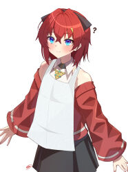  1girl ? ange_katrina ange_katrina_(summer_casual) apron bare_shoulders black_bow black_skirt blue_eyes blush bow closed_eyes collared_shirt commentary_request cowboy_shot crossed_bangs gold_necklace hair_between_eyes hair_bow hair_intakes highres jewelry long_sleeves looking_at_viewer medium_hair miniskirt necklace nijisanji off-shoulder_sweater off_shoulder pleated_skirt red_hair red_sweater shirt signature simple_background skirt sleeveless sleeveless_shirt smile solo sweatdrop sweater take_666 virtual_youtuber white_apron white_background white_shirt 