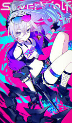  1girl absurdres bare_legs bare_shoulders belt boots commentary cropped_jacket eyewear_on_head fingerless_gloves fishnet_socks fishnets glitch gloves grey_eyes grey_hair high_heel_boots high_heels highres honkai:_star_rail honkai_(series) kabu_xblezzz long_hair looking_at_viewer mechanical_tail midriff naval pin silver_wolf_(honkai:_star_rail) socks solo sunglasses tail thigh_belt thigh_strap 