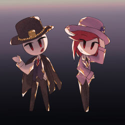  1boy 1girl :d arm_across_waist arm_up backlighting bald black_background black_eyes black_hat black_jacket black_necktie black_pants black_shoes chibi chibi_only closed_mouth collared_shirt colored_skin commentary cross-eyed ellie_rose english_commentary eyes_visible_through_hair film_grain flower full_body gold_necklace gradient_background gradient_eyes grey_background hand_in_pocket hand_on_own_opposite_hip hand_up hat hat_flower henry_stickmin henry_stickmin_(series) highres jacket jacket_on_shoulders jewelry jiume_(a89959341) lapels legs_apart legs_together long_sleeves medium_hair multicolored_eyes necklace necktie no_nose notched_lapels official_alternate_costume open_clothes open_jacket open_mouth pants pink_hat pink_jacket purple_background purple_flower purple_rose purple_vest red_eyes red_hair red_necktie rose shirt shoes side-by-side sidelocks simple_background smile standing straight-on swept_bangs top_hat two-tone_eyes vest white_shirt white_skin 