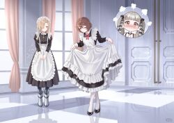  2girls absurdres alternate_costume alternate_hairstyle apron azur_lane blonde_hair blush bowing brown_hair closed_mouth commentary commission crossover curtsey english_commentary enmaided formidable_(azur_lane) full_body genshin_impact hair_over_one_eye highres holding_own_dress hu_tao_(genshin_impact) indoors looking_at_viewer maid maid_apron maid_headdress multiple_girls one_eye_closed pantyhose red_ribbon reflective_floor ribbon sheffield_(azur_lane) smile spoken_character twintails variant_set vgen_commission watermark white_pantyhose window yura_s_arts 