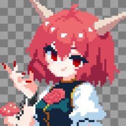  1girl breasts chain commentary_request cuffs flower highres horns ibaraki_douji's_arm looking_at_viewer medium_breasts pink_flower pink_hair pixel_art puffy_sleeves rose shackles shirt short_hair short_sleeves skirt smile solo tabard takeez3 touhou white_shirt 