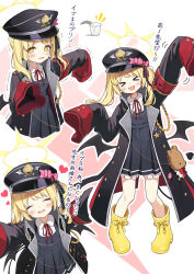  1girl absurdres armband bare_legs black_coat black_ribbon blonde_hair blue_archive blush boots bow closed_eyes coat collared_shirt commentary crime_prevention_buzzer crying crying_with_eyes_open demon_tail dress facing_viewer food gold_buttons gold_medal halo happy hat heart highres ibuki_(blue_archive) long_sleeves low_wings medium_hair multiple_views nashi_(nashipple1) peaked_cap pinafore_dress pink_bow pudding reaching reaching_towards_viewer red_ribbon ribbon sad school_uniform shirt side_ponytail sleeveless sleeveless_dress sleeves_past_fingers sleeves_past_wrists solo stuffed_animal stuffed_toy tail tears teddy_bear translation_request trembling waving white_shirt wings yellow_boots 