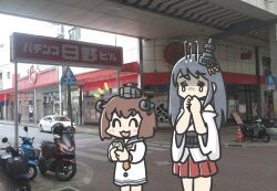  2girls black_hair blue_sailor_collar brown_hair closed_eyes commentary_request detached_sleeves dress ferret-san fusou_(kancolle) gloom_(expression) headgear highres kantai_collection money motor_vehicle motorcycle multiple_girls neckerchief photo_background red_skirt road sailor_collar sailor_dress short_hair sign skirt tears white_dress yellow_neckerchief yukikaze_(kancolle) 