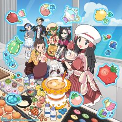  2boys 4girls alcremie alcremie_(strawberry_sweet) apron asymmetrical_bangs berry_(pokemon) black_apron black_hair black_jacket black_pantyhose blonde_hair blue_hat boots bow bowl bowtie braid brown_apron brown_eyes brown_hair candice_(palentine's_2024)_(pokemon) candice_(pokemon) character-themed_food chef_hat closed_mouth commentary_request cutting_board darach_(pokemon) dark-skinned_female dark_skin dawn_(palentine's_2021)_(pokemon) dress drifloon eyelashes floating floating_object food glasses gloves green_eyes green_hair grey_eyes hair_ornament hair_ribbon hairclip hat highres hikari_(pokemon) holding holding_bowl hood hood_down hoodie jacket kitchen_scale ladle long_hair long_sleeves macaron mallow_(palentine's_2023)_(pokemon) mallow_(pokemon) marnie_(palentine's_2022)_(pokemon) marnie_(pokemon) milk mittens mixing mixing_bowl multicolored_hair multiple_boys multiple_girls namigon official_alternate_costume official_art open_mouth oran_berry oven_mitts pantyhose pink_ribbon poffin pokemon pokemon_(creature) pokemon_diamond/pearl/platinum pokemon_masters_ex pokemon_platinum red_dress red_mittens red_oven_mitts ribbon second-party_source shirt shoes short_hair short_sleeves sidelocks sinistea skirt smile socks spatula striped_clothes swept_bangs swirlix tray twin_braids twintails two-tone_hair victor_(palentine's_2024)_(pokemon) victor_(pokemon) visor_cap waist_apron weighing_scale white_apron white_boots white_gloves white_hat wrist_cuffs 