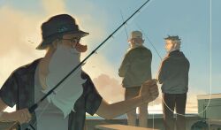  3boys beard blue_sky clouds cloudy_sky crispyartdev day facial_hair fiddleford_mcgucket fishing fishing_line fishing_rod flower ford_pines fur_trim gravity_falls green_jacket grey_hair grey_hoodie grunkle_stan hat hat_flower hawaiian_shirt highres holding holding_fishing_rod hood hood_down hoodie jacket looking_at_another male_focus multiple_boys outdoors round_eyewear shirt sideburns sidelighting simple_bird sky smile undershirt warm_colored white_hair white_shirt 