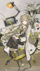  1girl absurdres ajirui arknights black_boots black_choker black_skirt boots brown_hair chair choker closed_mouth coat commentary crt desk_lamp electric_plug elf english_commentary floating hair_ornament hands_on_own_thighs highres lamp laurel_crown light_bulb long_hair mole mole_under_eye muelsyse_(arknights) open_clothes open_coat pendant_choker plant pointy_ears potted_plant skirt solo very_long_hair white_coat yellow_eyes 