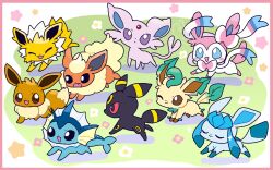  :d :o animal_focus black_eyes black_fur blue_eyes blue_fur blush_stickers border bow bright_pupils brown_eyes brown_fur commentary_request eevee espeon facial_mark fang fins fish_tail flareon forehead_jewel forehead_mark full_body glaceon green_background green_fur head_fins highres jolteon leaf leafeon looking_at_another neck_fur no_humans one_eye_closed open_mouth orange_fur pink_border pink_fur pokemon pokemon_(creature) pokemon_focus purple_fur red_eyes ribbon sidelocks simple_background smile spiked_tail standing star_(symbol) sylveon tail umbreon vaporeon violet_eyes white_fur white_pupils yellow_fur yoshishi_(yosisitoho) 