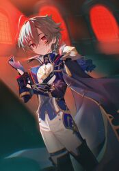  1boy absurdres adjusting_clothes adjusting_gloves ahoge armor black_choker blood blood_on_face blue_hair blue_jacket boots choker closed_mouth commentary crossed_bangs earrings genshin_impact gloves hair_between_eyes highres jacket jangnam jewelry lohen_(genshin_impact) long_sleeves looking_at_viewer male_focus mole mole_under_eye pants pauldrons shoulder_armor single_earring single_pauldron solo tassel thigh_boots thigh_strap white_pants window 