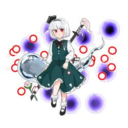 1girl black_bow black_bowtie black_hairband black_shoes bow bowtie closed_mouth collared_shirt commentary_request flower frilled_skirt frills full_body green_skirt green_vest grey_hair hairband highres hitodama hitodama_print katana konpaku_youmu konpaku_youmu_(ghost) looking_at_viewer marione mary_janes multiple_swords pink_flower red_eyes sheath sheathed shirt shoes skirt skirt_set smile socks solo sword sword_on_back touhou vest watermark weapon weapon_on_back white_shirt white_socks 