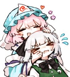  >_< 2girls black_bow black_bowtie black_hairband blue_hat blue_kimono bow bowtie closed_eyes collared_shirt facing_viewer flying_sweatdrops green_vest grey_hair hairband hat headpat heart hitodama_print japanese_clothes kimono konpaku_youmu long_sleeves mob_cap multiple_girls natucurage open_mouth pink_hair saigyouji_yuyuko shirt short_hair simple_background sleeve_garter smile touhou triangular_headpiece upper_body vest white_background white_shirt wide_sleeves 