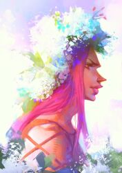  1boy alternate_headwear commentary fishnet_top fishnets flower flower_wreath from_side head_wreath highres jojo_no_kimyou_na_bouken lips long_hair makeup male_focus narciso_anasui pink_eyes pink_hair pink_lips prof_pega profile solo stone_ocean untranslatable_commentary white_flower 