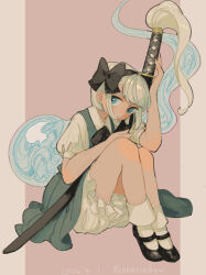  1girl absurdres black_bow black_hairband black_ribbon black_shoes bloomers blue_eyes bow canariadraw collared_shirt commentary_request full_body green_skirt green_vest grey_hair grey_shirt grey_socks hair_bow hairband hand_up highres holding holding_sword holding_weapon katana knees knees_up konpaku_youmu konpaku_youmu_(ghost) light_blush pillarboxed pink_background puffy_short_sleeves puffy_sleeves ribbon shirt shoes short_hair short_sleeves sideways_glance sitting skirt socks solo sword sword_tassel tassel touhou vest weapon weapon_tassel 