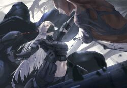  2girls abs absurdres ak-15_(girls'_frontline) bulletproof_vest douibotan girls'_frontline_2:_exilium girls_frontline gloves glowing glowing_eyes grey_hair highres igla_(girls'_frontline_2) long_hair mask mechanical_eyes mouth_mask multiple_girls navel red_pupils stomach tactical_clothes very_long_hair voymastina_(girls'_frontline_2) 