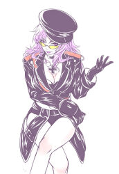  1girl black_coat black_gloves breasts coat collar collarbone cross cross_necklace crossed_legs eyeliner gloves hat hikounin_sentai_akibaranger jewelry lab_coat large_breasts long_hair long_sleeves makeup maruseena necklace peaked_cap purple_eyeliner purple_hair purple_lips simple_background solo sunglasses thighs tinted_eyewear white_background yellow-tinted_eyewear 