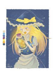  1girl :d apron black_skirt black_vest blonde_hair braid commentary_request frills hat hat_ribbon highres holding holding_jar jar kirisame_marisa long_hair oishi_joumino open_mouth ribbon shirt short_sleeves side_braid skirt smile solo star_(symbol) touhou vest white_shirt witch_hat yellow_eyes 