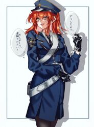  1girl arm_up belt black_gloves black_necktie blue_coat breasts brown_pantyhose coat cuffs fate/grand_order fate_(series) fujimaru_ritsuka_(female)_(clan_calatin) gloves handcuffs hat holding holding_handcuffs lapels looking_at_viewer medium_breasts medium_hair necktie notched_lapels open_mouth orange_eyes orange_hair outside_border pantyhose peaked_cap police police_uniform sash shadow smile solo speech_bubble teeth upper_teeth_only white_belt yutingfgo 