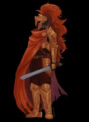  1boy arm_guards armor breastplate cape corinthian_helmet d3rlord3 dark-skinned_male dark_skin dreadlocks facing_to_the_side full_body highres holding holding_sword holding_weapon male_focus qiutinub red_cape searching_for_a_world_that_doesn't_exist shin_guards shoulder_armor solo sword torn_cape torn_clothes weapon 