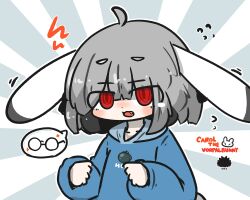 1girl animal_ears black-framed_eyewear blue_hoodie chibi clothes_writing commentary_request ears_down fang flying_sweatdrops grey_hair highres hood hood_down hoodie long_sleeves no_eyewear open_mouth original puffy_long_sleeves puffy_sleeves rabbit_ears red_eyes ringed_eyes round_eyewear sea_urchin short_eyebrows sleeves_past_wrists solo sunburst sunburst_background thick_eyebrows uni_souchou unworn_eyewear upper_body vorpal_bunny 
