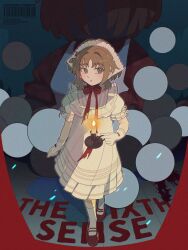  1girl :o adversarial_noise amanatsu_(amanatu5069) blue_background bow brown_hair candle candlelight candlestand chinstrap commentary_request doll dress eagle_(reverse:1999) eagle_(the_sixth_sense)_(reverse:1999) english_text frilled_hairband frills full_body gloves green_eyes hairband highres holding holding_candlestand long_dress looking_at_viewer mary_janes official_alternate_costume puffy_short_sleeves puffy_sleeves red_bow red_shoes reverse:1999 shoes short_hair short_sleeves socks solo standing watermark white_gloves white_hairband white_socks 