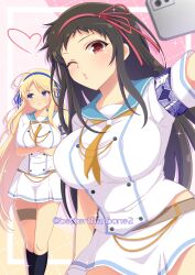  2girls absurdres arms_under_breasts ayame_(senran_kagura) betterthanbone2 blue_eyes blue_hairband blush brown_hair cellphone commentary_request hairband heart highres holding holding_phone katsuragi_(senran_kagura) looking_at_another looking_at_viewer multiple_girls one_eye_closed phone red_eyes red_hairband ribbon school_uniform selfie senran_kagura serafuku skirt smartphone twitter_username white_serafuku white_skirt yellow_ribbon 