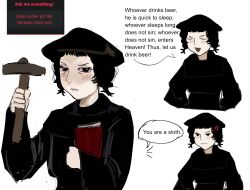  1girl anger_vein angry black_eyes black_hair black_hat black_robe blush book christian_mythology closed_eyes english_text furrowed_brow genderswap genderswap_(mtf) hammer hands_up hat highres holding holding_book holding_hammer long_sleeves martin_luther open_mouth pout real_life robe simple_background smile solo speech_bubble tsundere white_background wide_sleeves zukii3_mii_(mizumolasses) 