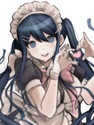  1girl alternate_costume apron black_dress blush breasts danganronpa:_trigger_happy_havoc danganronpa_(series) dress enmaided frilled_apron frills hair_ornament hairclip heart heart_hands highres ikemen'na_ore-shi long_hair looking_at_viewer maid maid_apron maid_headdress maizono_sayaka open_mouth puffy_short_sleeves puffy_sleeves short_sleeves simple_background smile solo white_apron 