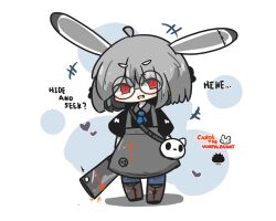  +++ 1girl :d ambiguous_red_liquid animal_ears bag black-framed_eyewear black_shirt blue_neckerchief blue_pantyhose blush boots brown_boots chibi cleaver collared_shirt commentary_request english_text fang full_body glasses grey_hair grey_skirt highres neckerchief original pantyhose rabbit_ears red_eyes ringed_eyes sea_urchin shadow shirt short_eyebrows short_sleeves shoulder_bag skirt smile solo standing suspender_skirt suspenders thick_eyebrows uni_souchou vorpal_bunny white_background 