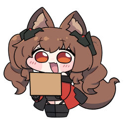  1girl :d angelina_(arknights) animal_ear_fluff animal_ears arknights arknights:_endfield beleullin black_gloves blush_stickers box brown_hair chibi chibi_only coat commentary double-parted_bangs dress fang fox_ears fox_girl full_body gilberta_(arknights) gloves headgear highres holding holding_box looking_at_viewer open_mouth raised_eyebrows red_coat red_eyes simple_background skin_fang smile thigh-highs twintails white_background 