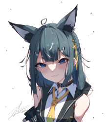  1girl :3 absurdres animal_ears aqua_hair blue_eyes brown_collar cat_ears chinese_commentary collar commentary_request dated eki_lee eyebrows_hidden_by_hair fang hair_ornament hair_ribbon hairclip highres hood hooded_vest hoodie loose_socks necktie original portrait ribbon short_eyebrows signature skin_fang socks solo vest yellow_necktie 
