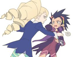  1boy 1girl ? black_hair blonde_hair blue_dress blue_pantyhose dosiki_gemi dress drill_hair highres jack_(mega_man) long_hair luna_platz_(mega_man) mega_man_(series) mega_man_star_force_(series) mega_man_star_force_3 pantyhose simple_background striped_clothes striped_pantyhose sweatdrop twin_drills very_long_hair white_background 