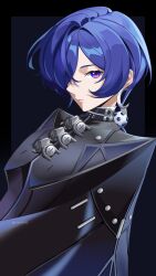  1girl absurdres black_border black_cloak blue_hair border cloak commentary crescent crescent_earrings earrings hair_over_one_eye highres jewelry looking_at_viewer promeia_(zenless_zone_zero) riarts16 solo twitter_username untranslatable_commentary upper_body violet_eyes zenless_zone_zero 