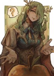  ? antsplorer apple ceres_fauna ceres_fauna_(1st_costume) food fruit green_hair highres holocouncil hololive hololive_english holopromise horns tree_horns yellow_eyes 
