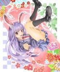  animal_ears bad_id blazer bunny_ears checkered checkered_background flower leaf long_hair nagayo necktie open_mouth purple_hair red_eyes reisen_udongein_inaba skirt smile solo touhou 